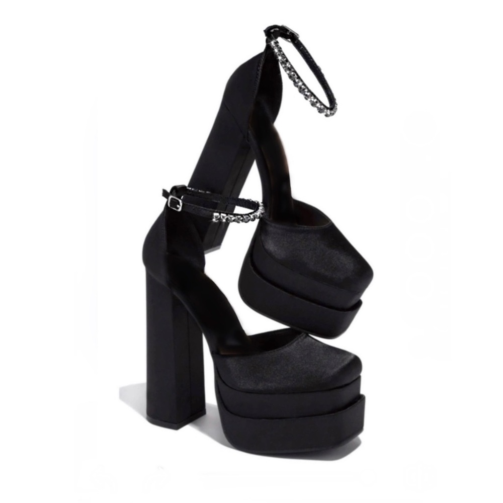 Black Ankle Strap Embellished Double Platform High Heels - Picture 5 of 11